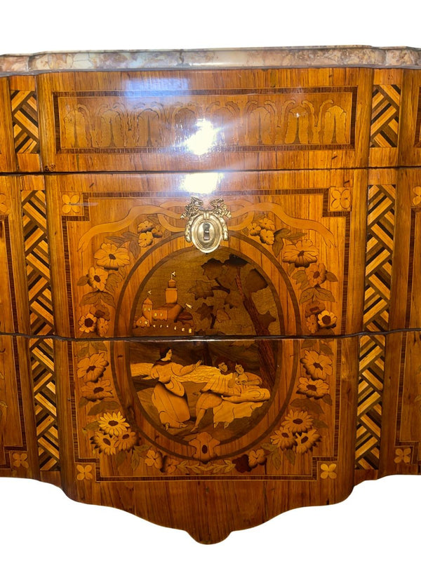 19th Century French Louis XV Style Inlaid Commode with Bronze & Marble Top.