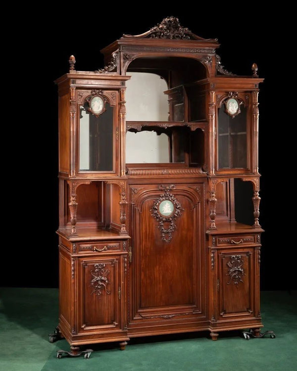 Monumental French Walnut Cabinet by Mercier Frères with Wedgwood Plaques, c.1880