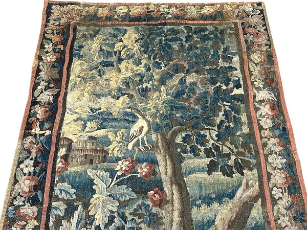 18th Century Franco-Flemish Verdure Tapestry with Bird in Flowering Landscape