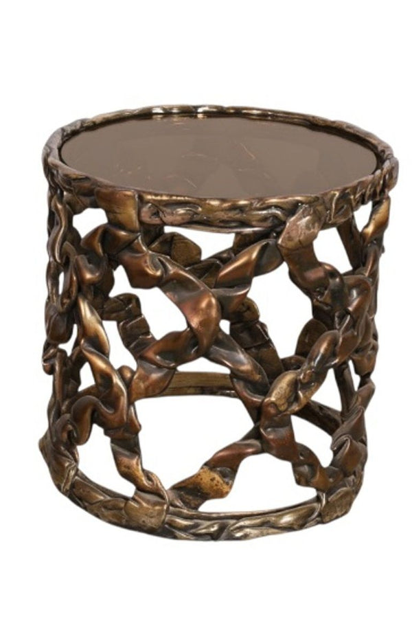 Pair Tony Duquette Ribbon Drum End Tables Gold Leaf Bronze Glass. U.S.A. 1970's.