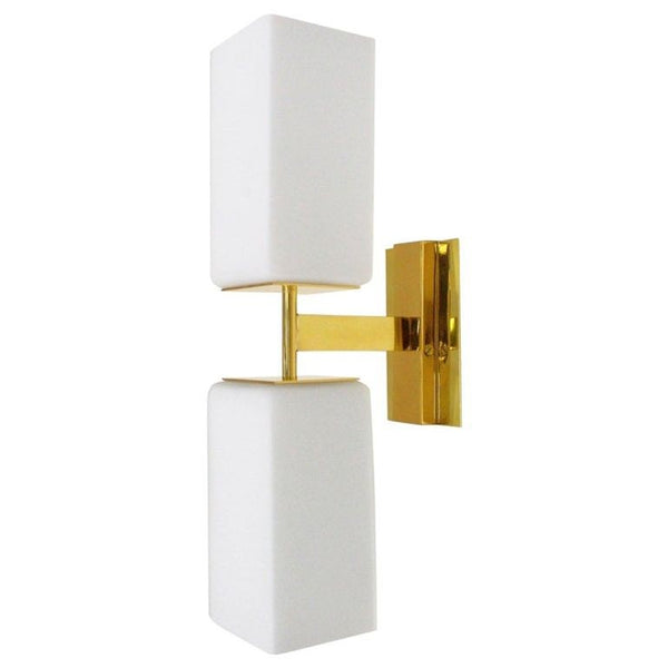 Set of Eight Modern Frosted White Murano Glass & Brass Sconces. Italy, 1990's.