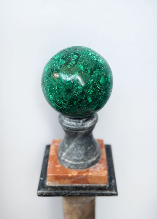 Pair of Marble & Multi-Stone Columns with Malachite Sphere