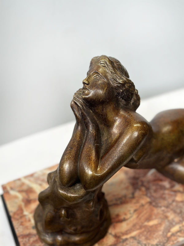 French Art Deco Bronze Nude Sculpture on Marble & Onyx Base