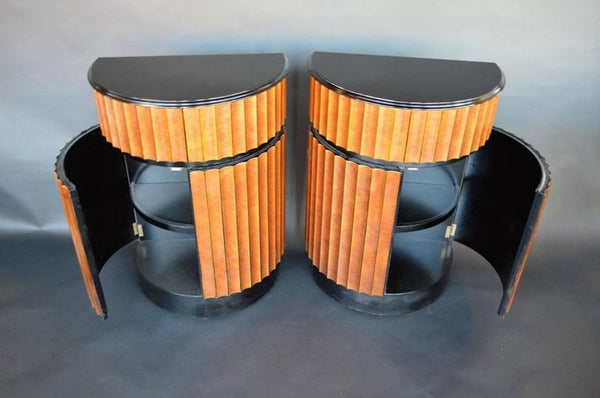 Pair of Demilune Nightstands with Faux Finish & Black Lacquer. U.S.A. 1970's.