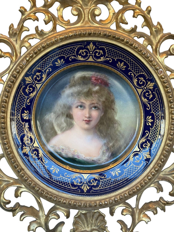 19th Century Vienna Porcelain Portrait Plate in Giltwood Frame Signed F. Fenner.