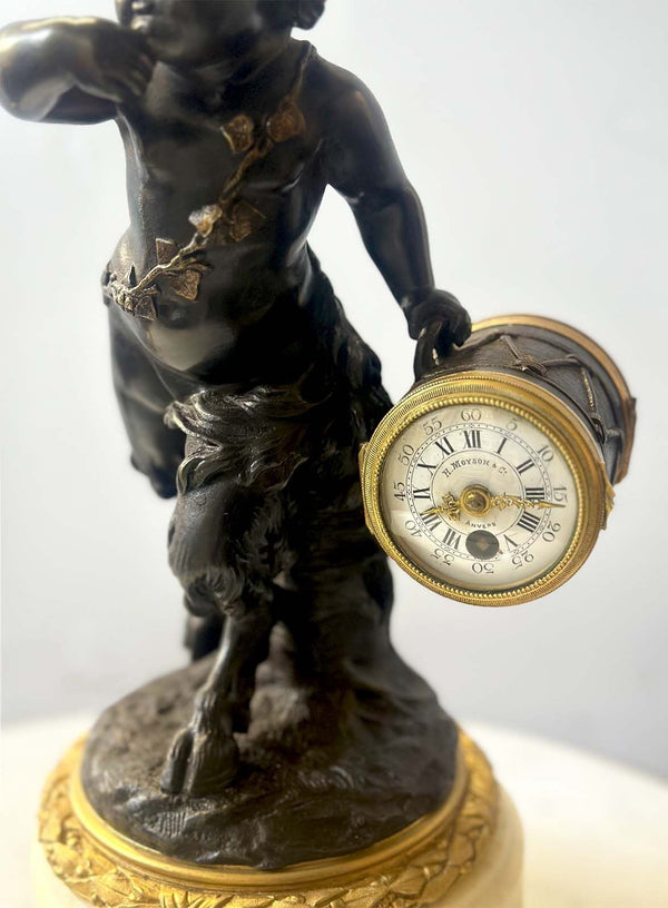19th Century Bacchanalian Faun Sculptural Clock by H. Moyson