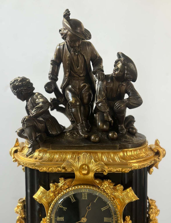 French Late 19th Century D'ore Bronze & Marble Clock by F. Dumouchel