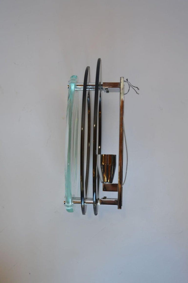 Pair of 1960's Fontana Arte Chrome and Tri-Level Glass Sconces