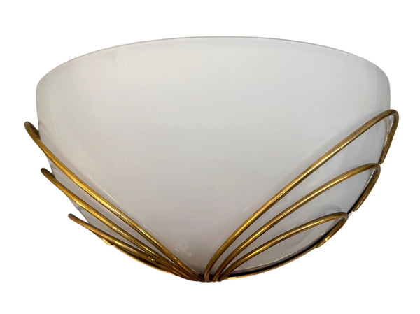 Pair of Italian Mid-Century Half-Moon Murano Opaline Glass & Brass Wall Sconces.