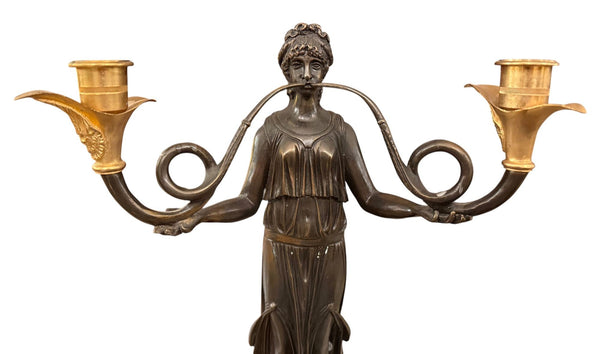 Pair of French 19th Century Empire Style Bronze, Ormolu & Marble Candelabras.