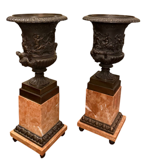 Pair of 19th Century French Bronze Urns on Marble Pedestals.
