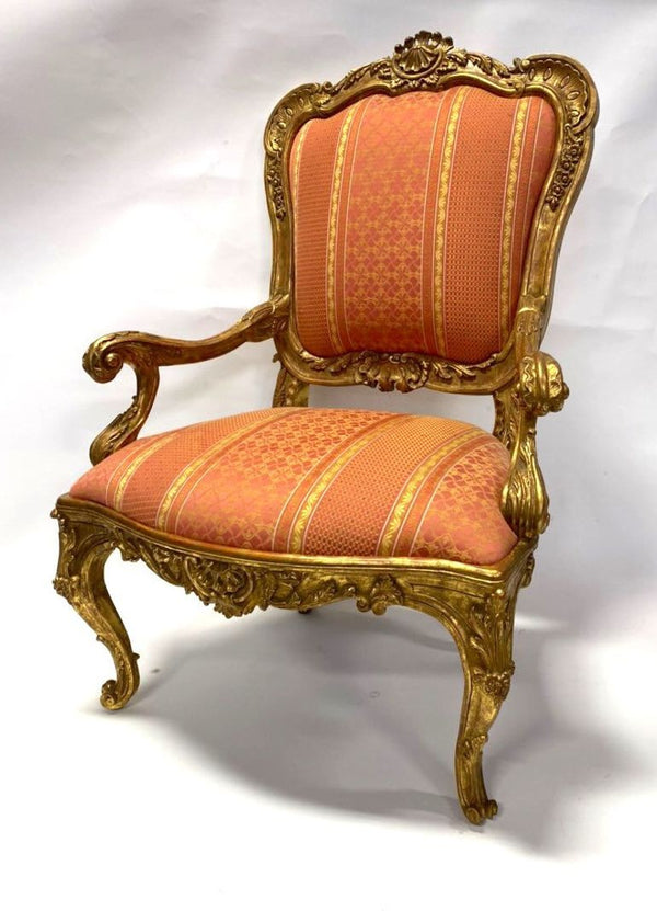Pair of 20th Century Italian Hand-Carved Water Gilt Armchairs