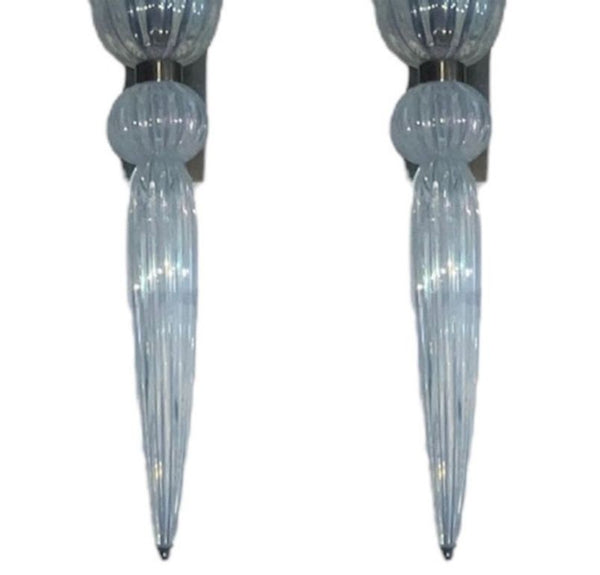 Pair of Modernist Celadon Opaline Murano Glass & Brass Sconces. 21st Century