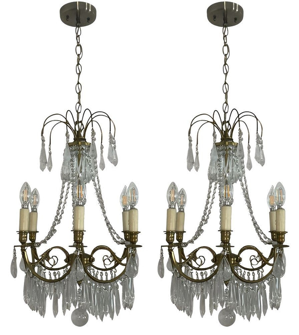 Pair of French Brass Chandeliers with Rock Crystal & Glass. Early 20th century.