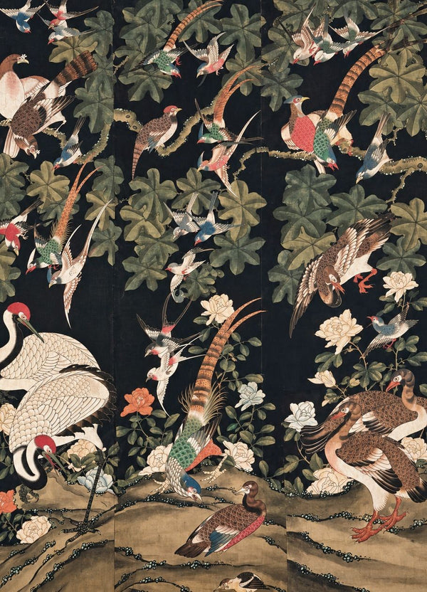 Oversized 19th C. Chinese Handpainted Hundred Birds Paying Homage to the Phoenix
