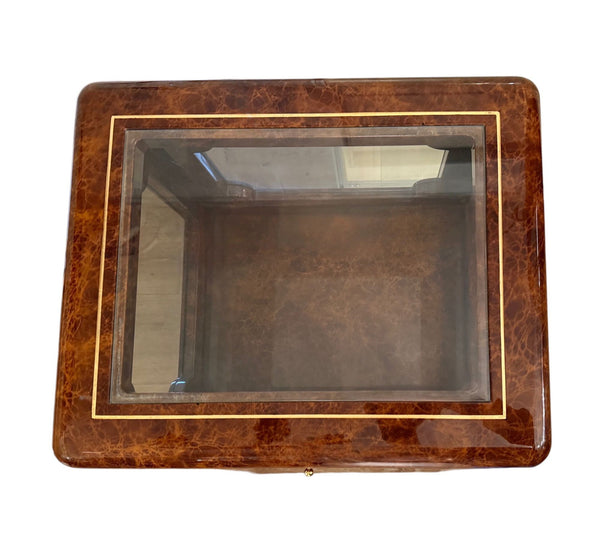 Versace Style Burl & Brass Greek Key Display Curio Vitrine. Italy, 20th Century.