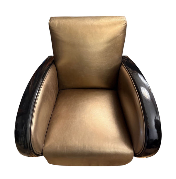 Pair of French Art Deco Gold and Black Leather Club Chairs