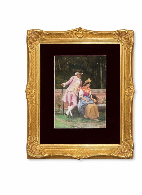 19th Century Pair Italian Porcelain Plaques on Gilt Frames with Red Velvet Mats