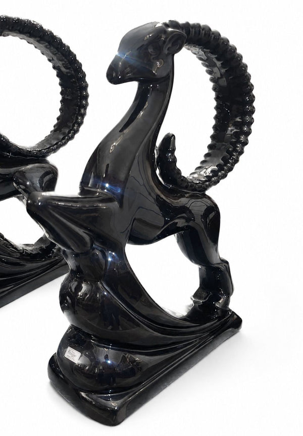 Pair of Royal Haeger Glossy Black Gazelle Sculptures. U.S.A. Late 20th Century.