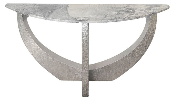 Pair of American Contemporary Hammered Metal Consoles with Mirrors & Marble Tops