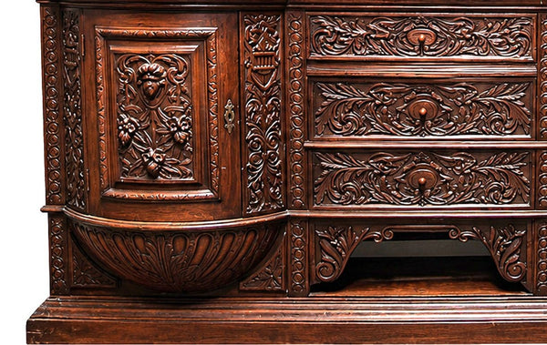 American Victorian Oak Sideboard with Carved Details & Triple Mirror, c.1880