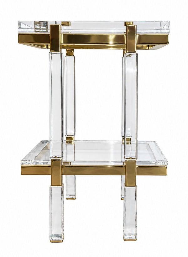 Pair of Charles Hollis Jones Lucite & Brass Two-Tier Side Tables, Late 20th C.