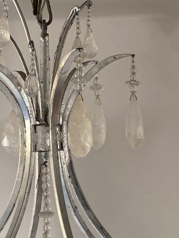 Large Silver Leaf Wrought Iron & Rock Crystal 6-Light Chandelier, 20th Century.