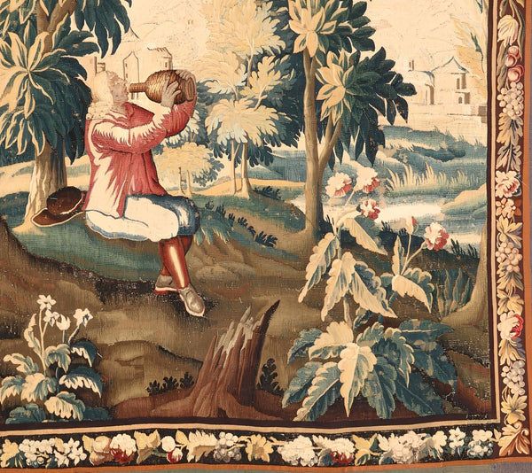 18th Century Flemish Verdure Tapestry of a Man Drinking in the Woods