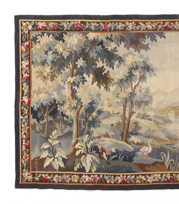 19th Century Flemish (Belgium) Pictorial Verdure Wool Tapestry Signed A.M.R.B.