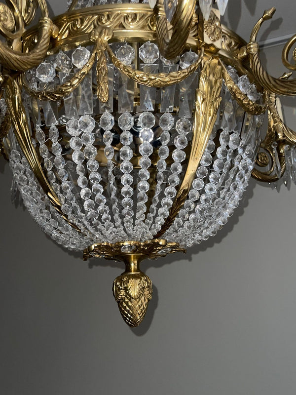 Pair of Early 20th Century French Bronze Chandeliers with Crystal.