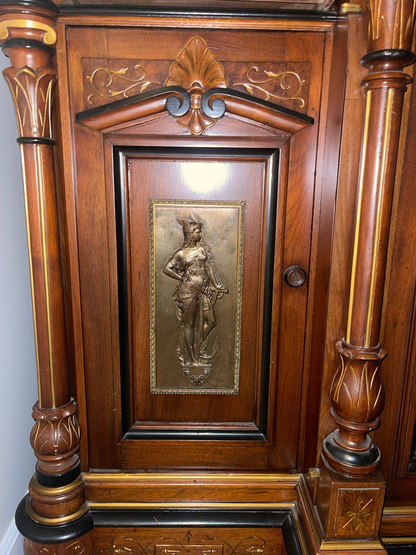 Late 19th C. French Renaissance Revival Cabinet w/ Relief Panels & Marble Tops.