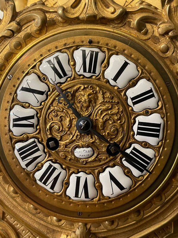 Large 19th Century French Doré Bronze Clock Garniture Marked Jules Graux, Paris.