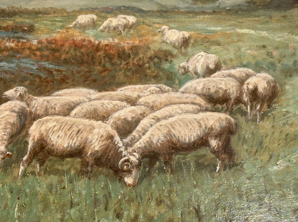 G. A. Hays American Sheep Pasture Landscape Oil Painting, circa 1900.