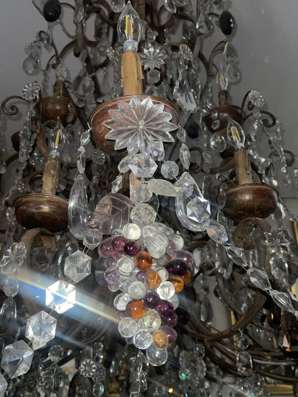 Monumental Venetian Wrought Iron, Wood & Crystal Chandelier Early 19th Century
