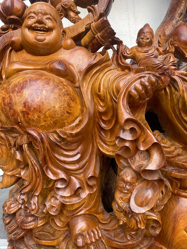 Large Hand-Carved Padauk Wood Hotei Buddha with Children and Bonsai Tree,1950's.