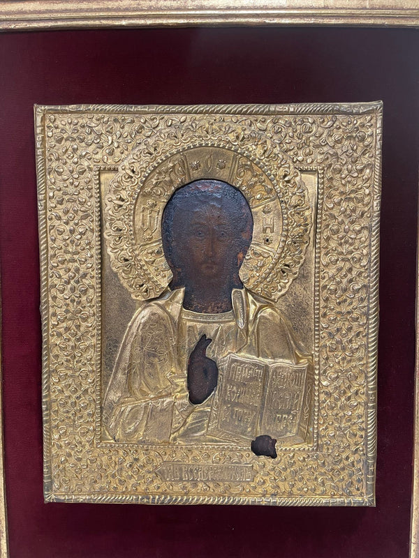 19th Century Russian Icon of Christ Pantocrator with Gold Metal and Gilt Frame