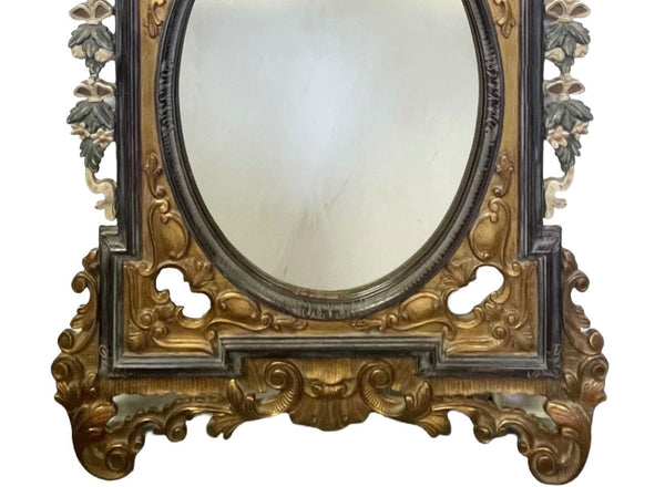 19th C. Carved Rococo-Style Black and Gold Mirror with Painted Hanging Garlands