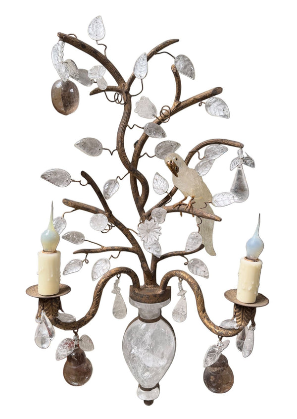 Pair French Baguès Style Rock Crystal, Smoky Quartz & Parrot Sconces, 1980's.