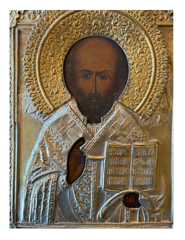 19th Century Russian Saint Nicholas Icon with Repoussé Oklad