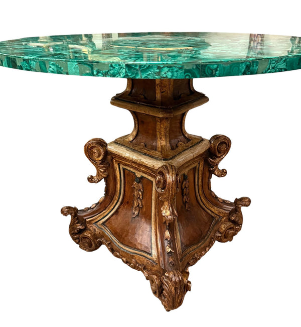 Late 19th Century Italian Carved Wood Base & Malachite Top Center Table