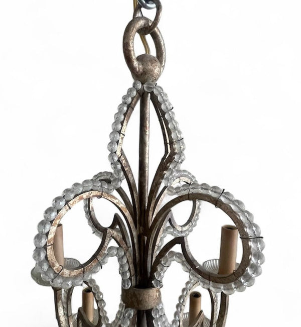 Pair of French Silver Leaf Wrought Iron Chandeliers w/ Rock Crystal–20th Century
