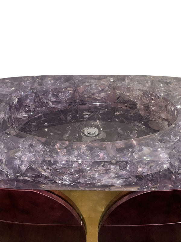 Citron Bathroom Vanity Cabinet-Hand-Dyed Eggplant Goatskin w/ Crystal Resin Sink