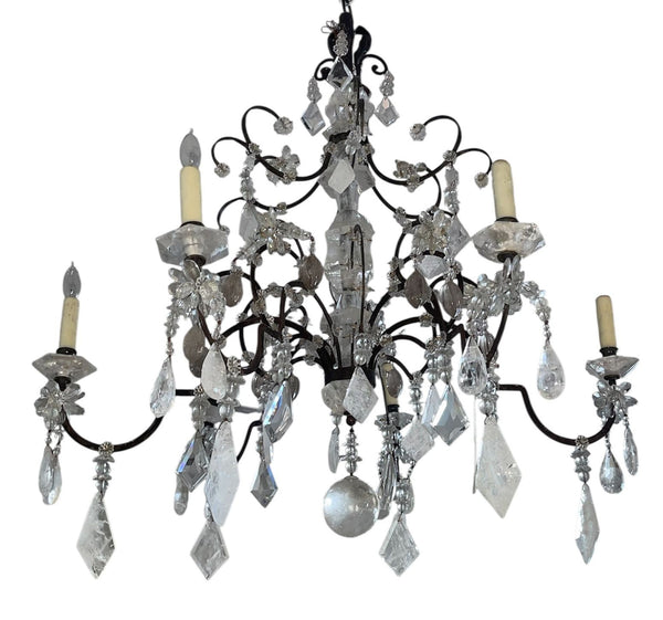 French 1950's Wrought Iron, Cut Glass and Rock Crystal Chandelier