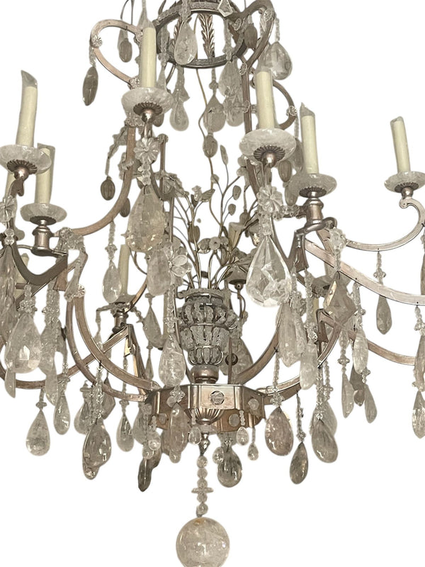 Large Vintage Italian Rock Crystal and Silver Leaf Chandelier, 20th Century.