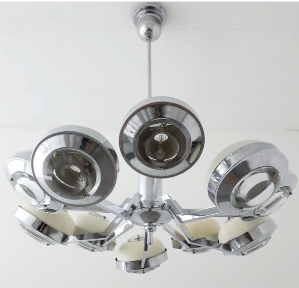 Chandelier with Glass Lens Diffusers and Enameled Metal Shades by Torlasco Italy