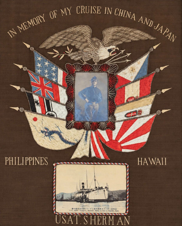 Early 20th C. Embroidered U.S.A.T. Sherman Naval Souvenir, China & Japan Cruise