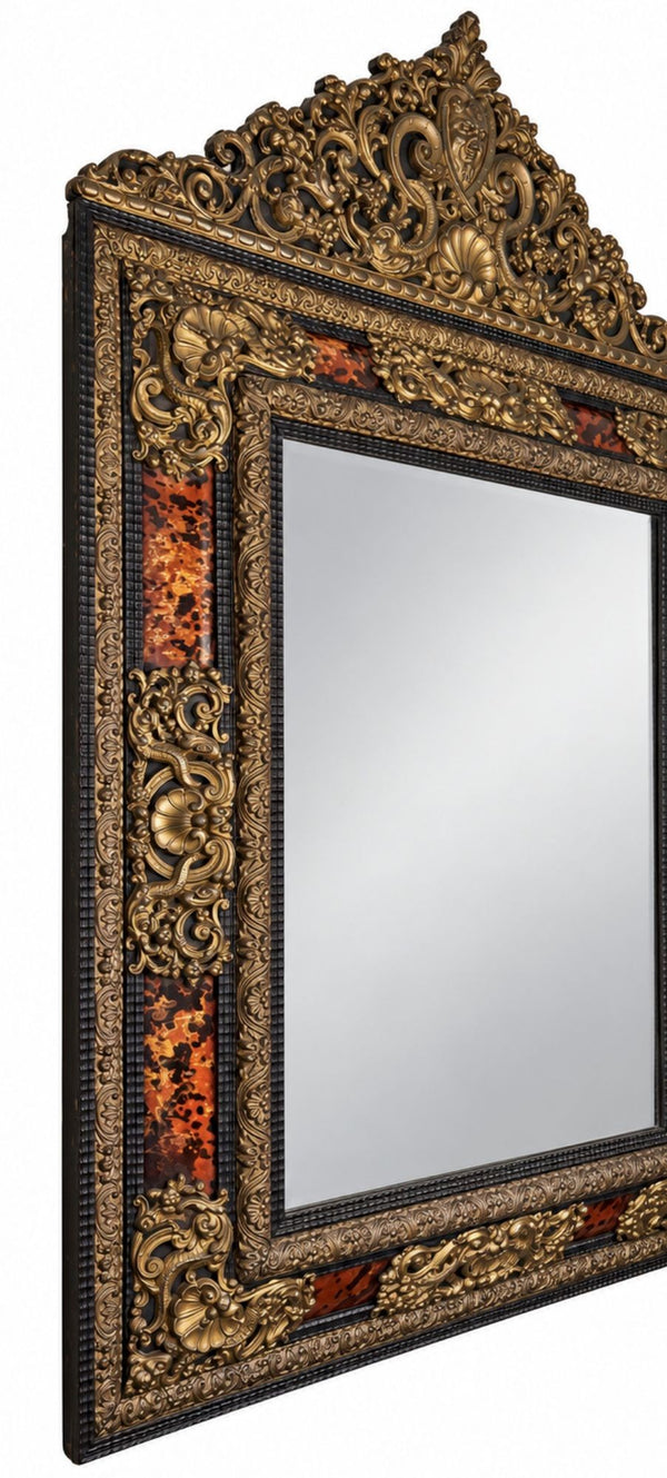 19th Century Flemish Repoussé Brass & Tortoiseshell-Pattern Mirror