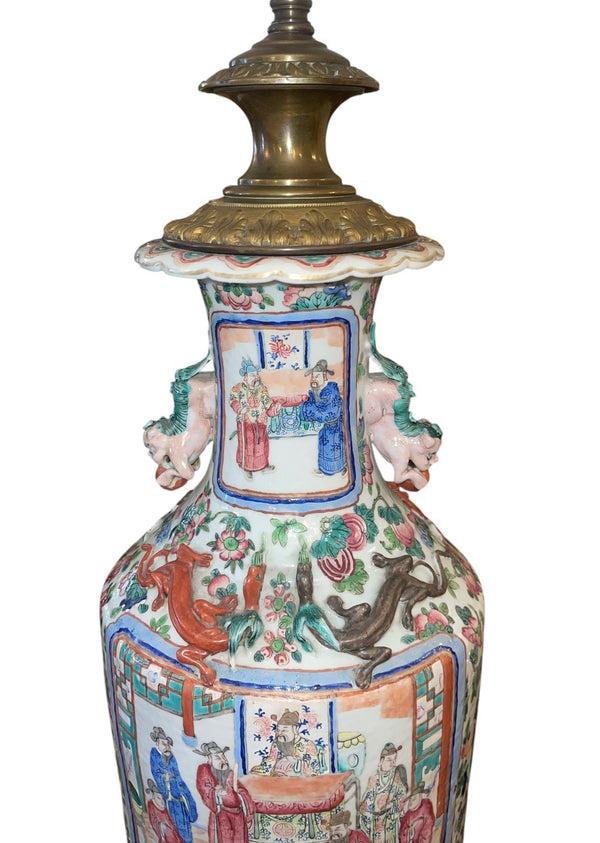 19th Century Chinese Famille Rose Porcelain & Bronze Table Lamp