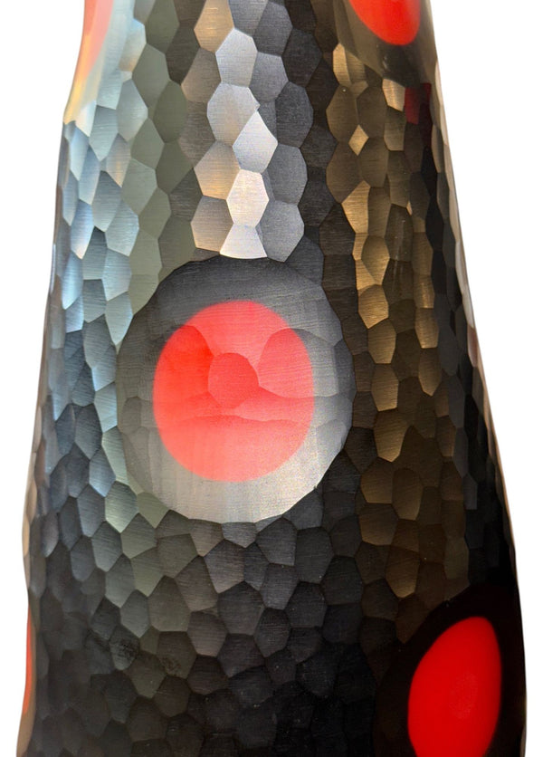 Pair Murano Battuto Glass Vases in Black & Vermillion. Italy, Late 20th Century.