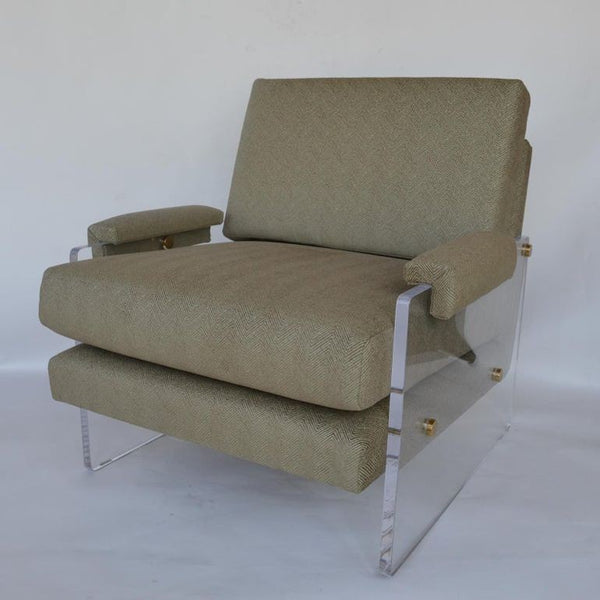 Pair of Lucite Armchairs with Brass Hardware and New Upholstery. U.S.A. 1980's.
